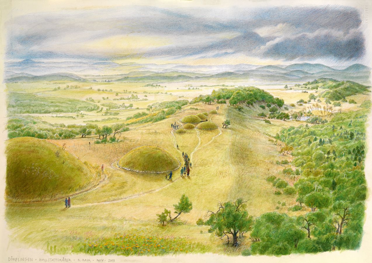 Eisenzeitliche Grabhügelgruppe Saalhau in Dörflingen (Zeichnungen Ruth Baur, Hanna Hromadka)